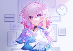 Rule 34 | 1girl, absurdres, black choker, blue eyes, blue jacket, breasts, choker, clock, collarbone, commentary, crying, crying with eyes open, earrings, english commentary, flower, hand up, hexenmesser, highres, honkai: star rail, honkai (series), jacket, jewelry, long sleeves, looking at viewer, march 7th (honkai: star rail), medium breasts, medium hair, picture frame, pink eyes, pink hair, shirt, single earring, solo, tears, tied jacket, two-tone eyes, upper body, white shirt, wiping tears