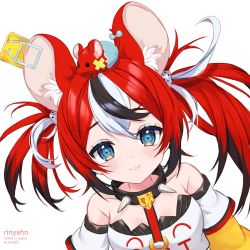 Rule 34 | 1girl, animal ear fluff, animal ears, bare shoulders, black collar, black hair, blue eyes, blush, cheese, collar, dice hair ornament, food, hair ornament, hakos baelz, highres, hololive, hololive english, instagram username, looking at viewer, mouse (animal), mouse ears, mouse girl, mousetrap, multicolored hair, off-shoulder shirt, off shoulder, red hair, ri nyahn, shirt, simple background, smile, spiked collar, spikes, twintails, twitter username, virtual youtuber, white background, white hair, white shirt