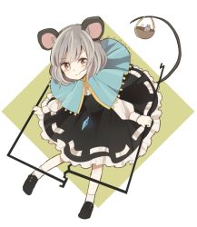 Rule 34 | 1girl, animal ears, basket, bent over, capelet, dowsing rod, dress, gem, grey dress, jewelry, long sleeves, looking at viewer, mouse (animal), mouse ears, mouse tail, mozukuzu (manukedori), nazrin, necklace, pendant, pink eyes, silver hair, smile, solo, tail, touhou