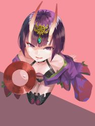 Rule 34 | 1girl, alcohol, bare shoulders, bob cut, breasts, collarbone, cup, eyeliner, fate/grand order, fate (series), headpiece, highres, horns, japanese clothes, kimono, licking lips, long sleeves, looking at viewer, makeup, oni, pink background, purple eyes, purple hair, purple kimono, revealing clothes, sakazuki, sake, sakura kureha, short hair, shuten douji (fate), skin-covered horns, small breasts, smile, solo, thighs, tongue, tongue out, wide sleeves