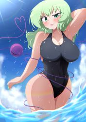Rule 34 | 1girl, absurdres, breasts, cleavage, competition swimsuit, eyeball, green eyes, highres, komeiji koishi, large breasts, light green hair, medium hair, ocean, one-piece swimsuit, outdoors, polyhedron2, sky, solo, swimsuit, third eye, touhou, water, wavy hair