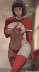 Rule 34 | 1girl, areola slip, bikini, black hair, blunt bangs, blurry, blurry background, blush, breasts, byakugan, capelet, christmas, cleavage, commentary, covered erect nipples, elbow gloves, english commentary, english text, female focus, female pubic hair, fur-trimmed capelet, fur trim, gloves, heart, highres, hyuuga hinata, indoors, large breasts, looking at viewer, mature female, micro bikini, multi-strapped bikini bottom, naruto, naruto (series), naruto shippuuden, navel, no pupils, oroborus, paid reward available, parted lips, patreon logo, patreon username, pubic hair, pubic hair peek, red bikini, red capelet, red gloves, red thighhighs, santa bikini, short hair, skindentation, solo, string bikini, swimsuit, thick thighs, thighhighs, thighs, underboob, watermark, web address, white eyes
