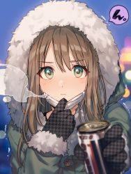 Rule 34 | 1girl, blush, brown hair, buttons, can, canned coffee, coat, drink can, fur-trimmed jacket, fur trim, gloves, green coat, green eyes, hood, hooded coat, jacket, mask, mouth mask, original, speech bubble, tomari (veryberry00), trembling, winter, winter clothes, winter coat
