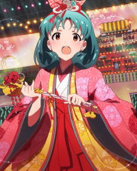 Rule 34 | 10s, 1girl, artist request, brown eyes, earrings, green eyes, green hair, hair ornament, hina ningyou, hinadan, holding, idolmaster, idolmaster million live!, japanese clothes, jewelry, kimono, looking at viewer, matching hair/eyes, official art, open mouth, short hair, smile, solo, tokugawa matsuri