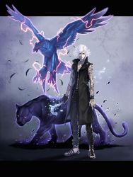 Rule 34 | 1boy, absurdres, animal, arm tattoo, beak, belt, belt buckle, bird, bite addict, black coat, black feathers, black fur, black gloves, black pants, blue feathers, bracelet, buckle, cane, cat, chain, closed mouth, coat, devil may cry (series), devil may cry 5, electricity, extra, extra eyes, extra tongue, falling feathers, feathers, fingerless gloves, flying, full body, full-body tattoo, gloves, glowing, hand tattoo, highres, holding, holding cane, jewelry, lens flare, necklace, no shirt, panther, pants, pocket, purple eyes, red eyes, ring, sandals, short hair, smile, standing, talons, tattoo, tongue, tongue out, v (devil may cry), walking, whiskers, white hair, wings, yellow eyes
