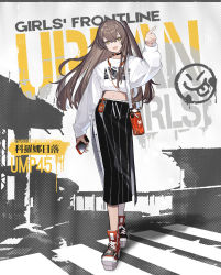 Rule 34 | 1girl, arm up, artist request, black choker, black skirt, breasts, brown eyes, brown hair, casual, cellphone, character name, chinese text, choker, copyright name, english text, full body, girls&#039; frontline, headphones, headphones around neck, highres, holding, holding phone, id card, long hair, long skirt, long sleeves, looking at viewer, navel, official alternate costume, official art, open mouth, orange bag, parted lips, phone, print shirt, promotional art, red footwear, scar, scar across eye, shirt, shoes, side ponytail, skirt, small breasts, smartphone, smile, sneakers, solo, standing, ump45 (corona sunset) (girls&#039; frontline), ump45 (girls&#039; frontline), white shirt