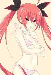 Rule 34 | 10s, 1girl, absurdres, ahoge, bikini, black ribbon, breasts, collarbone, date a live, eyebrows, groin, hair ribbon, highres, itsuka kotori, long hair, looking down, navel, qing cui, red eyes, red hair, ribbon, simple background, small breasts, solo, swimsuit, twintails, very long hair, white bikini