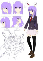 Rule 34 | 1girl, animal ears, bad id, bad pixiv id, black thighhighs, blazer, character sheet, curry man, female focus, jacket, light purple hair, loafers, long hair, necktie, purple eyes, rabbit ears, red necktie, reisen udongein inaba, shoes, skirt, thighhighs, touhou