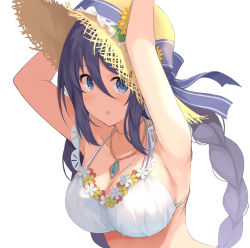 Rule 34 | 1girl, :o, armpits, arms up, bare arms, bare shoulders, bikini, blush, bow, braid, breasts, cleavage, flower, hair between eyes, hat, hat bow, hat flower, highres, jewelry, kurai masaru, large breasts, long hair, looking at viewer, necklace, open mouth, princess connect!, purple eyes, purple hair, shizuru (princess connect!), shizuru (summer) (princess connect!), solo, straw hat, sun hat, swimsuit, upper body, white bikini, yellow flower