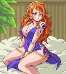 Rule 34 | 1girl, bare arms, bare shoulders, blue dress, bracelet, breasts, brown eyes, cleavage, curvy, dress, earrings, highres, jewelry, large breasts, legs, lewdamone, long hair, nami (one piece), one piece, orange hair, parted lips, sitting, smile, solo, tagme, tattoo, thick thighs, thighs, tree