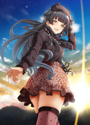 Rule 34 | 1girl, :d, amagasa ikuta, animal hat, arm up, ass, black hair, black hat, black shirt, blunt bangs, blush, braid, brown eyes, buttoned cuffs, buttons, cat hat, cloud, crescent moon, fingernails, frilled sleeves, frills, gradient sky, hand on headwear, hat, high-waist skirt, highres, idolmaster, idolmaster shiny colors, lens flare, long hair, long sleeves, looking at viewer, looking back, mayuzumi fuyuko, moon, morning, nail polish, neck ribbon, open mouth, outstretched hand, pink nails, pink thighhighs, polka dot, polka dot legwear, red ribbon, ribbon, shirt, skindentation, skirt, sky, smile, solo, sunlight, sunrise, thighhighs, very long hair