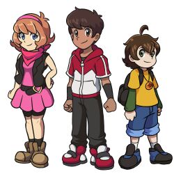 Rule 34 | alex (dogmons), backpack, bag, belt, brothers, cousins, cris (dogmons), digimon, dogmons, heart, highres, looking at viewer, nando (dogmons), siblings, simple background, skirt, smile, white background