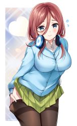 Rule 34 | 1girl, black pantyhose, blue cardigan, blue eyes, blush, breasts, cardigan, closed mouth, clothes pull, flying sweatdrops, go-toubun no hanayome, green skirt, hair between eyes, headphones, headphones around neck, large breasts, long hair, long sleeves, looking at viewer, nakano miku, pantyhose, pantyhose pull, pleated skirt, red hair, ry thae, shirt, simple background, skirt, solo, thighband pantyhose, white shirt