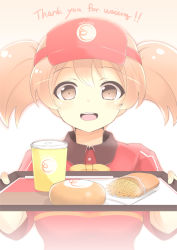 Rule 34 | 1girl, :d, breasts, brown eyes, brown hair, employee uniform, fast food uniform, female focus, fuu (fuore), hataraku maou-sama!, highres, large breasts, open mouth, sasaki chiho, short hair, short twintails, smile, solo, tray, twintails, uniform, visor cap