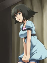 Rule 34 | 1girl, 5pb., :o, awa, black eyes, black hair, breasts, dress, eyebrows, legs, looking away, nitroplus, open mouth, parted lips, science adventure, serious, shiina mayuri, short hair, short sleeves, shorts, solo, standing, steins;gate, thighs