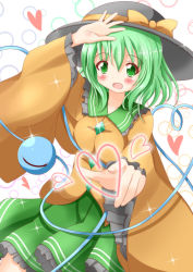Rule 34 | 1girl, blouse, blush, blush stickers, frilled skirt, frilled sleeves, frills, green eyes, green hair, hand on own forehead, hat, hat ribbon, heart, highres, komeiji koishi, long sleeves, looking at viewer, matching hair/eyes, open mouth, ribbon, shirt, short hair, skirt, solo, sparkle, third eye, touhou, white background, wide sleeves, xenon (for achieve)