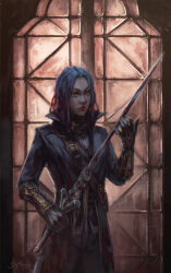 Rule 34 | 1girl, bloodexer, blue hair, coat, commission, dark souls (series), gloves, highres, holding, holding sword, holding weapon, indoors, long sleeves, medium hair, open mouth, solo, solo focus, standing, sword, tagme, weapon, window