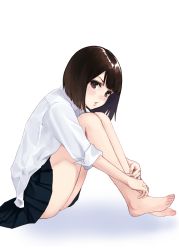 Rule 34 | 1girl, ashiya hiro, bare legs, barefoot, black skirt, brown eyes, brown hair, collared shirt, commentary request, eyebrows hidden by hair, full body, highres, hugging own legs, knees up, looking at viewer, mole, mole under eye, original, parted lips, pleated skirt, school uniform, shadow, shirt, short hair, short sleeves, sitting, skirt, solo, white background, white shirt
