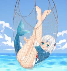 Rule 34 | 1girl, absurdres, ass, barefoot, blue hoodie, blue sky, blush, cargo net, cloud, entangled, feet, fins, fish tail, fishing net, gawr gura, gawr gura (1st costume), hair ornament, highres, hololive, hololive english, hood, hoodie, horizon, in net, legs, legs up, multicolored hair, net, no shoes, ocean, outdoors, panties, shark girl, shark hair ornament, shark tail, sharp teeth, sky, soles, streaked hair, tail, teeth, thighs, toes, tumy, underwear, virtual youtuber, water, waves