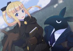 Rule 34 | 1girl, aroha j, black bow, black cape, blonde hair, blue neckwear, book, bow, brown gloves, cape, day, formal, gloves, grass, hands on own hips, long sleeves, outdoors, pixiv fantasia, pixiv fantasia age of starlight, purple eyes, sidelocks, standing, suit, tapir