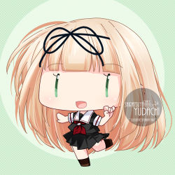 Rule 34 | 1girl, :d, artist name, black ribbon, black serafuku, black skirt, blonde hair, character name, checkered background, chibi, commentary request, full body, green background, green eyes, hair ribbon, inaba shiki, kantai collection, long hair, neckerchief, no feet, one-hour drawing challenge, open mouth, pleated skirt, red neckerchief, ribbon, school uniform, serafuku, short sleeves, simple background, skirt, smile, solo, straight hair, yuudachi (kancolle), | |