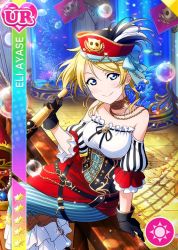 Rule 34 | ayase eli, bare shoulders, blonde hair, blue eyes, blush, character name, dress, hat, long hair, love live!, love live! school idol festival, love live! school idol project, pirate, ponytail, shipwreck, smile, underwater