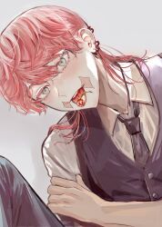 Rule 34 | 1boy, cherry, close-up, ear piercing, food, formal, from below, fruit, green eyes, highres, male focus, necktie, piercing, pink hair, sanzu haruchiyo, scar, scar on face, suit, tokyo revengers, tongue, tongue out, wolf cut