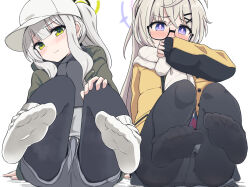 Rule 34 | 2girls, baseball cap, black-framed eyewear, black pantyhose, blue archive, blue eyes, blush, bright pupils, commentary request, covering own mouth, embarrassed, feet, foot focus, foreshortening, glasses, green eyes, green jacket, grey hair, grey shorts, halo, hare (blue archive), hare (camp) (blue archive), hat, highres, jacket, knees up, kotama (blue archive), kotama (camp) (blue archive), long hair, long sleeves, looking at viewer, multiple girls, panties, pantyhose, pc fworks, ponytail, presenting foot, shorts, sidelocks, simple background, sitting, socks, soles, thighhighs, toes, underwear, white background, white headwear, white panties, white socks, yellow jacket