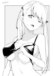 Rule 34 | 1girl, bikini, breasts, greyscale, kichihachi, large breasts, lifting own clothes, long hair, monochrome, navel, one eye closed, original, outside border, simple background, solo, stomach, swept bangs, swimsuit, twintails, underboob