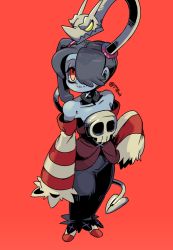 Rule 34 | 1girl, 770mk, artist name, bags under eyes, bare shoulders, blue hair, colored skin, commentary, detached collar, detached sleeves, grey skin, hair over one eye, leviathan (skullgirls), long hair, long skirt, red background, red eyes, side ponytail, simple background, skirt, skull, skullgirls, smile, socks, squigly (skullgirls), stitched mouth, stitches, striped clothes, striped legwear, striped sleeves, striped socks, symbol-only commentary, twitter username, yellow eyes, zombie