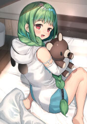 Rule 34 | 1girl, :d, absurdres, bare legs, barefoot, blue shorts, blush, braid, braided ponytail, detached sleeves, from behind, green hair, highres, holding, holding stuffed toy, hood, hood down, hooded sweater, indoors, long hair, long sleeves, looking at viewer, looking back, on bed, open mouth, ponytail, ranf, red eyes, short shorts, shorts, shuumatsu no harem, sitting, sleepwear, sleeveless, sleeveless sweater, smile, solo, stuffed animal, stuffed toy, sweater, teddy bear, very long hair, wariza, white sleeves, white sweater, wooden floor, yamada sui