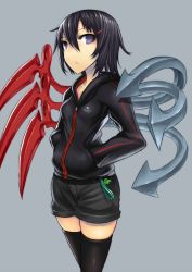 Rule 34 | 1girl, :o, alternate costume, asymmetrical wings, black hair, black thighhighs, cellphone charm, cellphone strap, charm (object), contemporary, female focus, gia, hair ornament, hairclip, hands in pockets, highres, hood, hoodie, houjuu nue, looking at viewer, purple eyes, short hair, shorts, simple background, solo, thighhighs, touhou, ufo, wings