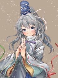 Rule 34 | 1girl, 80isiiii, blue hat, brown background, grey eyes, grey hair, grin, hat, highres, long hair, long sleeves, looking at viewer, mononobe no futo, own hands clasped, own hands together, pom pom (clothes), ponytail, ribbon-trimmed sleeves, ribbon trim, simple background, smile, solo, tate eboshi, touhou, upper body, wide sleeves
