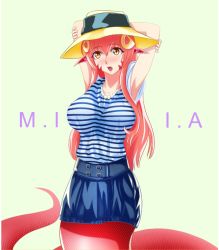 Rule 34 | 1girl, :o, armpits, arms behind head, arms up, belt, blue skirt, blush, breasts, character name, fang, green background, hair between eyes, hair ornament, hairclip, hat, jellyring, jewelry, lamia, large breasts, lips, long hair, looking at viewer, miia (monster musume), monster girl, monster musume no iru nichijou, necklace, nose blush, pointy ears, red hair, scales, shirt, simple background, skirt, sleeveless, slit pupils, standing, striped clothes, striped shirt, tail, third-party source, upper body, white shirt, yellow eyes