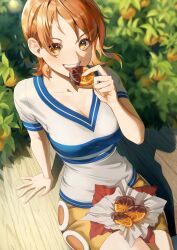 Rule 34 | 1girl, absurdres, arm support, asymmetrical bangs, blue shirt, breasts, collarbone, commentary, day, eating, food, fruit, hair behind ear, hand up, highres, holding, holding food, holding fruit, large breasts, looking at viewer, miniskirt, nami (one piece), one piece, open mouth, orange (fruit), orange eyes, orange hair, orange slice, outdoors, shadow, shirt, short sleeves, sitting, skirt, smile, solo, teeth, two-tone shirt, upper teeth only, white shirt, yellow skirt, yoshiyoshiwa
