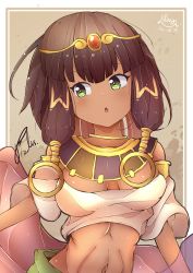 Rule 34 | 1girl, absurdres, armlet, bare shoulders, breasts, brown hair, chestnut mouth, circlet, cleavage, dark-skinned female, dark skin, egyptian, egyptian clothes, fizdis, gem, gold, green eyes, hair ornament, highres, jewelry, large breasts, li king, midriff, navel, open mouth, solo, usekh collar, yu-gi-oh!