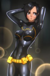 Rule 34 | 1girl, absurdres, animification, arms up, batgirl, batman (series), belt, black bodysuit, black hair, blue eyes, bodysuit, breasts, cassandra cain, closed mouth, covered erect nipples, covered navel, dc comics, frown, highres, medium breasts, ronan (user acda5277), short hair, skin tight, solo, standing, swept bangs, utility belt