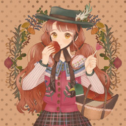 Rule 34 | 1girl, animal bag, apple, basket, bird, blush, candy, capelet, cardigan, chin strap, duck, flower, food, fruit, hat, hat feather, heart, heart-shaped lollipop, highres, holding, holding basket, holding candy, holding food, holding fruit, holding lollipop, lollipop, long hair, long sleeves, looking at viewer, low twintails, orange hair, original, plaid, plaid skirt, polka dot, polka dot background, shaped lollipop, skirt, sleeveless, sleeveless sweater, smile, solo, striped sleeves, sweater, twintails, upper body, very long hair, yellow eyes, yunoto (conceit)