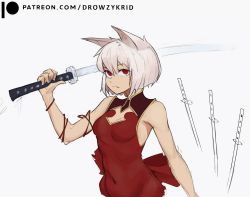 Rule 34 | animal ears, breasts, cat ears, chinese clothes, dress, furry, highres, katana, krid, muscular, red dress, red eyes, short hair, sleeveless, small breasts, stomach, sword, weapon, white background, white hair, wide hips