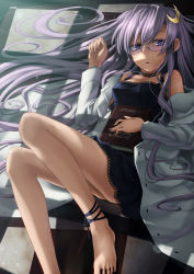 Rule 34 | 1girl, alternate costume, barefoot, bespectacled, blush, book, breasts, casual, choker, contemporary, crescent, crescent hair ornament, din (flypaper), feet, female focus, glasses, hair ornament, highres, lab coat, long hair, lying, medium breasts, on back, patchouli knowledge, purple eyes, purple hair, solo, touhou, window shadow