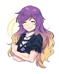 Rule 34 | 1girl, biceps, blonde hair, closed eyes, closed mouth, cross-laced clothes, dress, flexing, gradient hair, hijiri byakuren, layered dress, light blush, long hair, multicolored hair, purple hair, re ghotion, simple background, smile, solo, touhou, veins, veiny arms, white background