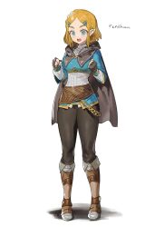 Rule 34 | 1girl, :o, black cloak, black pants, blonde hair, blush, boots, braid, clenched hands, cloak, fingerless gloves, full body, gloves, highres, knee boots, lunch (lunchicken), nintendo, pants, parted bangs, pointy ears, princess zelda, simple background, solo, teeth, the legend of zelda, upper teeth only, white background