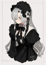 Rule 34 | 1girl, alternate costume, black bow, black bowtie, black dress, black hairband, blue eyes, bow, bowtie, breasts, cleavage cutout, closed mouth, clothing cutout, cropped legs, dress, frilled hairband, frills, from above, gothic lolita, grey background, grey hair, hair over one eye, hairband, highres, isekai joucho, isshiki (ffmania7), juliet sleeves, kamitsubaki studio, lolita fashion, lolita hairband, long bangs, long hair, long sleeves, looking ahead, medium breasts, narrow waist, one eye covered, puffy sleeves, signature, simple background, solo, v arms, virtual youtuber, wavy hair