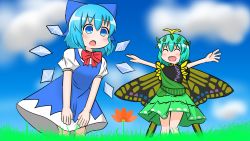 Rule 34 | 2girls, antennae, aqua hair, blue bow, blue dress, blue eyes, blue hair, blush, bow, butterfly wings, cirno, closed eyes, coruthi, detached wings, dress, eternity larva, fairy, flower, green dress, hair between eyes, hair bow, ice, ice wings, insect wings, leaf, leaf on head, multicolored clothes, multicolored dress, multiple girls, open mouth, orange flower, outstretched arms, puffy short sleeves, puffy sleeves, short hair, short sleeves, single strap, smile, spread arms, touhou, wings