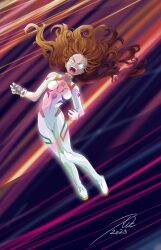 Rule 34 | 1girl, 2023, absurdres, alternate eye color, angry, bodysuit, breasts, dated, evangelion: 3.0+1.0 thrice upon a time, floating hair, full body, gloves, glowing, glowing bodysuit, glowing eye, green eyes, highres, long hair, looking at viewer, mamegoma39, medium breasts, neon genesis evangelion, neon lights, open mouth, plugsuit, rebuild of evangelion, shiny clothes, signature, simple background, solo, souryuu asuka langley, standing, white bodysuit