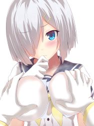 Rule 34 | 1boy, 1girl, absurdres, admiral (kancolle), arm at side, baozi, blue eyes, blue sailor collar, blush, breasts, buttons, closed mouth, commentary request, food, gloves, hair ornament, hair over one eye, hairclip, hamakaze (kancolle), hand up, heart, highres, holding, holding food, illusion, jacket, kantai collection, koumei (twinameless), large breasts, long hair, long sleeves, looking at viewer, military, military uniform, naval uniform, neckerchief, one eye covered, pov, pov hands, sailor collar, school uniform, serafuku, shirt, short hair, short sleeves, silver hair, simple background, template, uniform, upper body, wavy mouth, white background, white gloves, white jacket, white shirt, yellow neckerchief