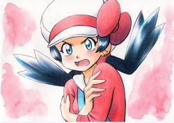 Rule 34 | 1girl, black hair, blue eyes, blue overalls, blush, bow, cabbie hat, commentary request, creatures (company), crossed arms, earrings, eyelashes, game freak, hands up, hat, hat bow, highres, jewelry, kris (pokemon), long hair, nintendo, oka mochi, open mouth, overalls, pink background, pokemon, pokemon adventures, red bow, red shirt, shirt, solo, star (symbol), star earrings, tongue, traditional media, twintails, upper body, white hat
