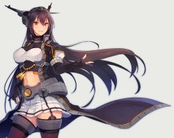 Rule 34 | 1girl, black coat, black gloves, black hair, breasts, coat, cowboy shot, crop top, elbow gloves, fingerless gloves, gloves, grey background, hair between eyes, headgear, highres, kantai collection, kasumi (skchkko), large breasts, long hair, looking at viewer, midriff, miniskirt, nagato (kancolle), nagato kai ni (kancolle), navel, open clothes, open coat, pleated skirt, red eyes, simple background, skirt, smile, solo, standing, thighhighs, white skirt