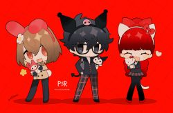 Rule 34 | 1girl, 2boys, absurdres, akechi gorou, amamiya ren, animal ears, bag, black hair, black jacket, blunt bangs, bow, brown hair, brown jacket, btmr game, cat tail, character doll, chibi, closed eyes, closed mouth, copyright name, fake animal ears, flower, glasses, hair between eyes, hair bow, hair flower, hair ornament, hand in pocket, heart, hello kitty, hello kitty (character), highres, holding, jacket, kuromi, long hair, long sleeves, male focus, multiple boys, my melody, onegai my melody, open mouth, pants, persona, persona 5, persona 5 the royal, plaid, plaid pants, plaid skirt, ponytail, rabbit tail, red background, red eyes, red hair, sanrio, school uniform, shoulder bag, shuujin academy school uniform, signature, simple background, skirt, star (symbol), stuffed toy, tail, yoshizawa kasumi