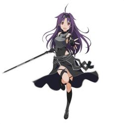 Rule 34 | 10s, 1girl, ahoge, armor, black gloves, black legwear, black ribbon, breastplate, covered navel, fingerless gloves, full body, gloves, hair ribbon, highres, holding, holding sword, holding weapon, long hair, looking at viewer, official art, open mouth, purple hair, red eyes, ribbon, simple background, smile, solo, sword, sword art online, sword art online: code register, weapon, white background, yuuki (sao)